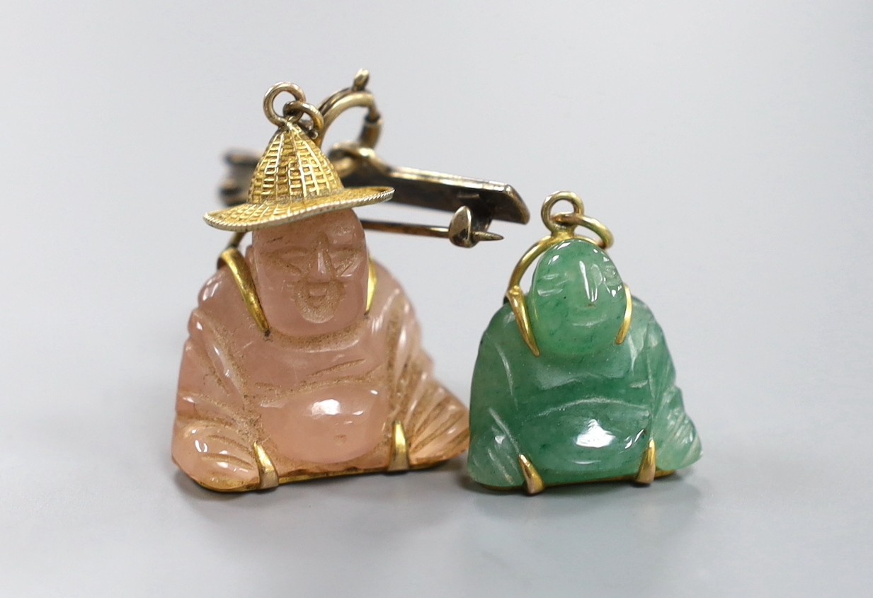 A Chinese 14k mounted rose quartz Buddha pendant on brooch attachment, 30mm and a similar 14k mounted bowenite pendant, gross weight 16.7 grams.